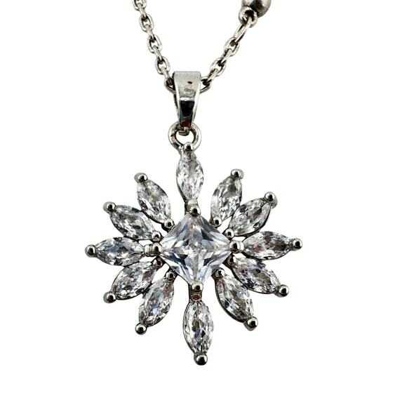 Cubic Zirconia Princess Marquise Flower Prong Set Silver Tone 18" Necklace - Picture 1 of 8